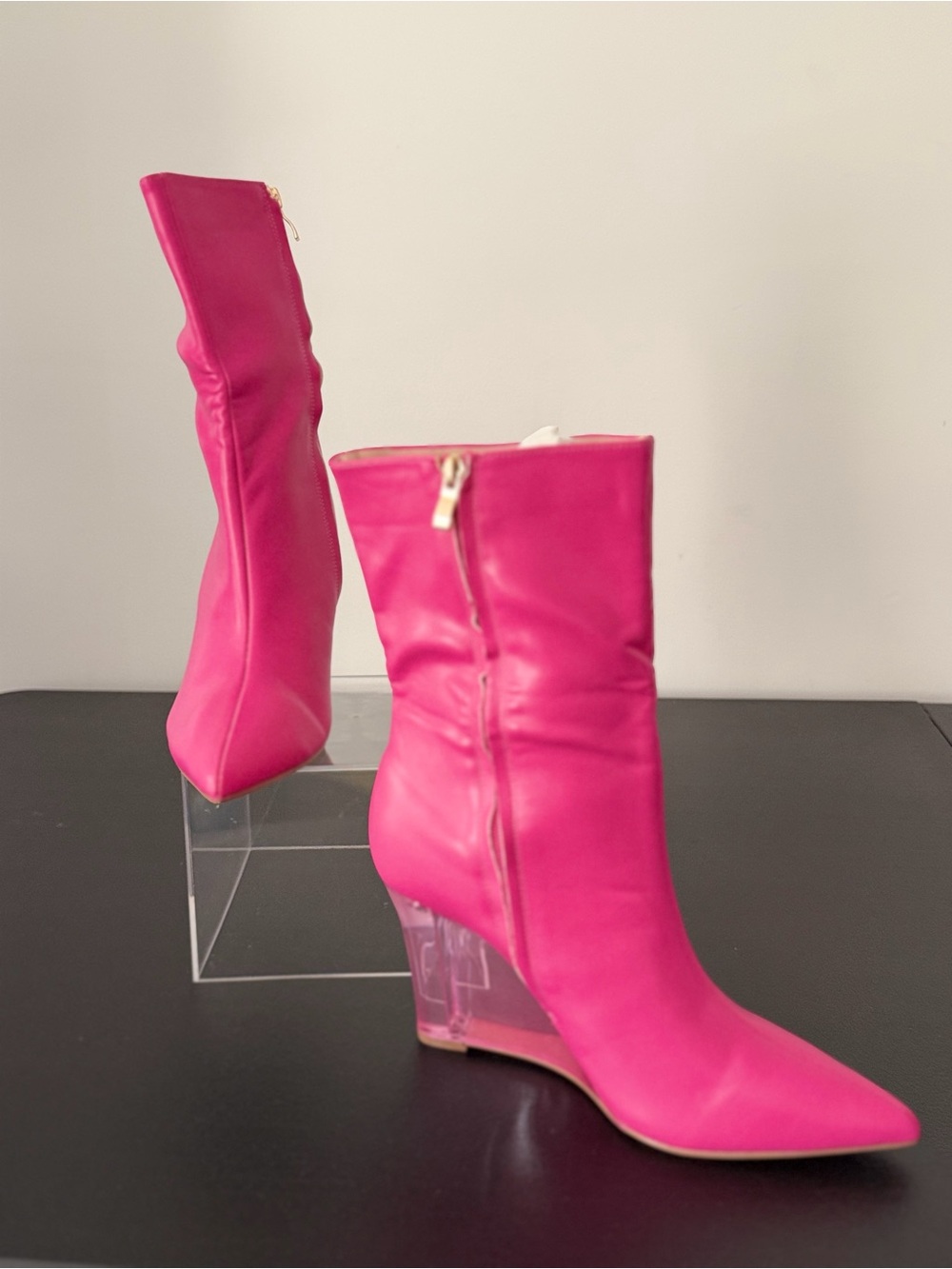Hot Pink Mid-Calf Wedge Boot with Clear Heel